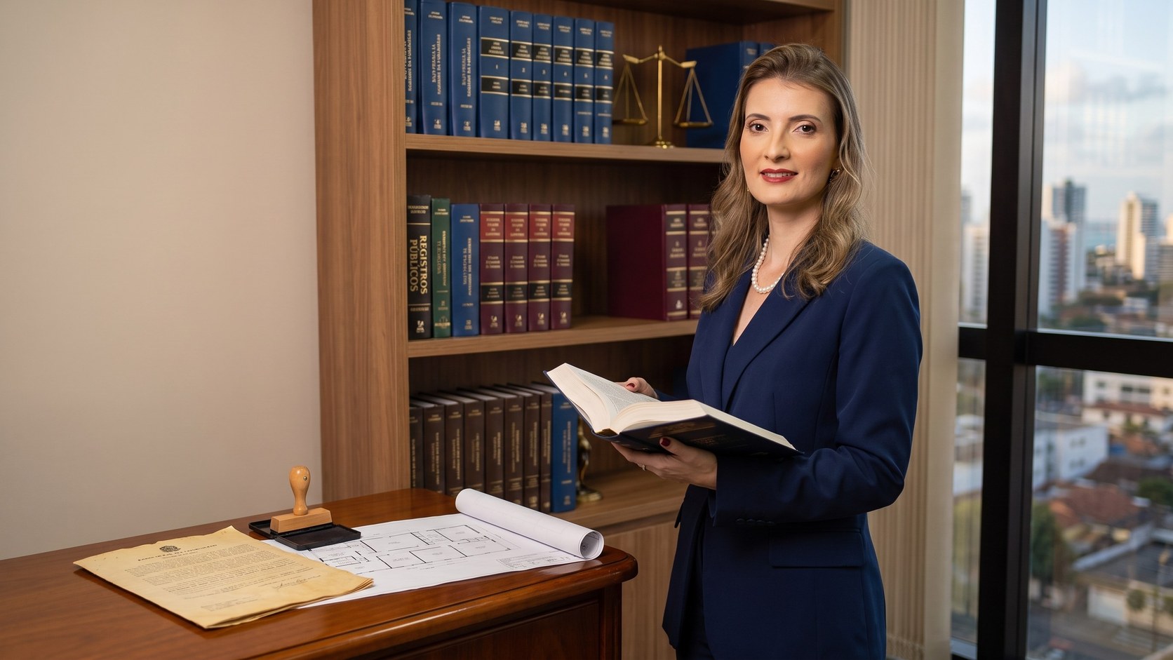 Advogada Carla Rangel analisando a matrícula de um imóvel em seu escritório em Recife